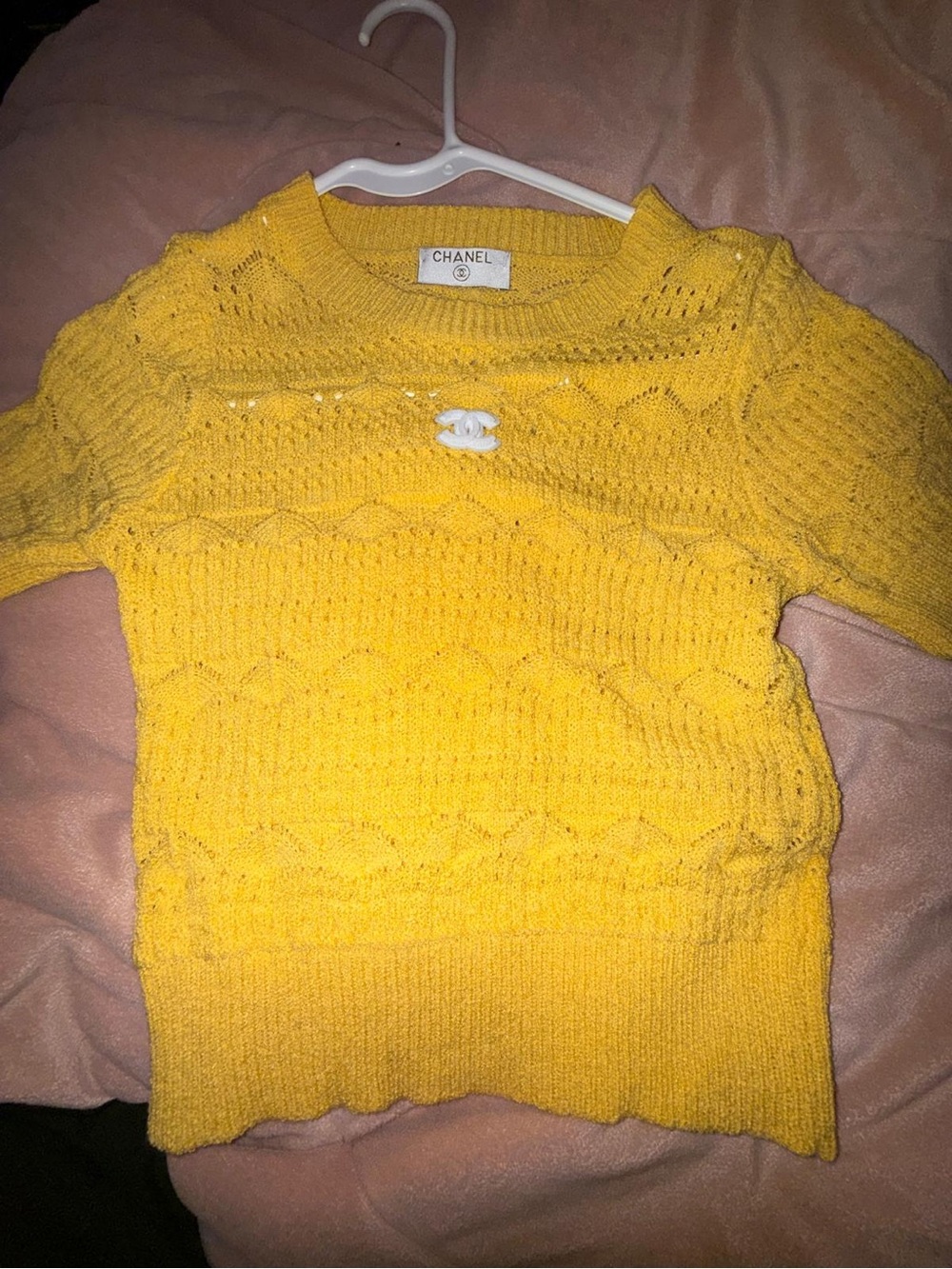 CHANEL Bright Yellow Short-Sleeve Knit Top with CC Detail